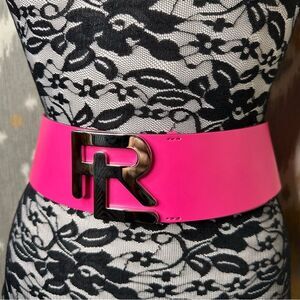 Ralph Lauren Collection Wide Stacked RL Monogram Buckle Peony Pink Calfskin Belt